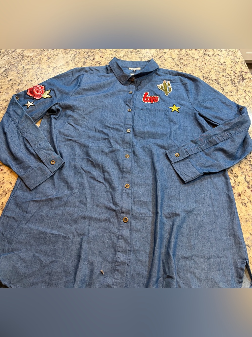 JODIFL Blue Denim Button-Down Shirt with Embroidered Patches